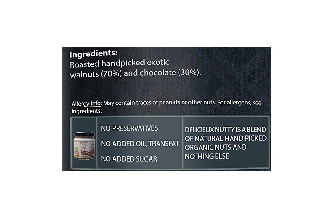Delicieux All Natural California Walnut Butter, Chocolate   Glass Jar  200 grams